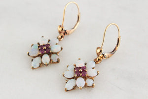 VINTAGE MID CENTURY GARNET & OPAL EARRINGS 9ct GOLD