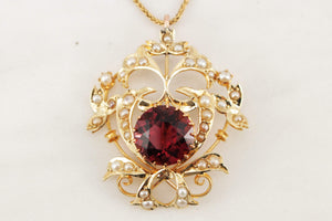 ANTIQUE AUSTRALIAN EDWARDIAN c1910 TOURMALINE & SEED PEARL PENDANT 15ct GOLD