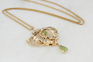 ANTIQUE EDWARDIAN PERIDOT & SEED PEARL PENDANT 9ct GOLD