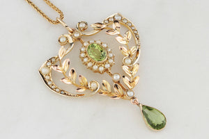 ANTIQUE EDWARDIAN PERIDOT & SEED PEARL PENDANT 9ct GOLD
