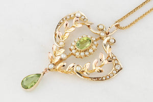 ANTIQUE EDWARDIAN PERIDOT & SEED PEARL PENDANT 9ct GOLD