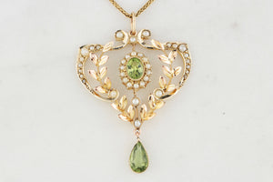 ANTIQUE EDWARDIAN PERIDOT & SEED PEARL PENDANT 9ct GOLD