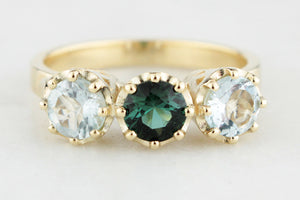 BESPOKE TOURMALINE & AQUAMARINE TRILOGY RING 14ct GOLD