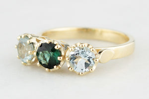 BESPOKE TOURMALINE & AQUAMARINE TRILOGY RING 14ct GOLD