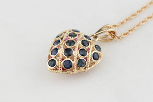 VINTAGE DOUBLE-SIDED SAPPHIRE & RUBY HEART PENDANT & CHAIN 9ct GOLD
