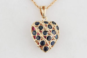 VINTAGE DOUBLE-SIDED SAPPHIRE & RUBY HEART PENDANT & CHAIN 9ct GOLD