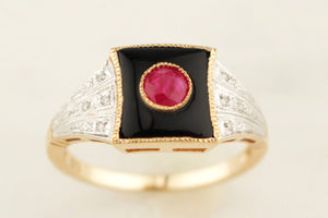 MODERN ART DECO STYLE ONYX RUBY & DIAMOND RING 9ct GOLD