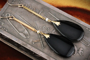 ART DECO c1920 ONYX & PEARL DROP EARRINGS IN 9ct GOLD