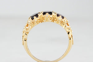 RETRO 1974 GARNET TRILOGY RING 9CT GOLD