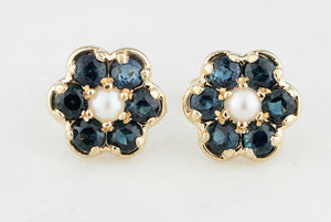 RETRO SAPPHIRE & PEARL FLORAL STUDS 9ct GOLD
