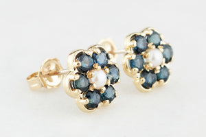RETRO SAPPHIRE & PEARL FLORAL STUDS 9ct GOLD