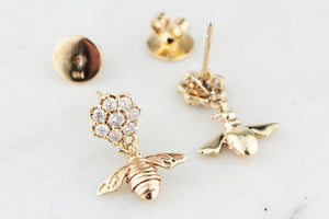 VINTAGE 14ct GOLD DIAMOND CLUSTER & BEE EARRINGS