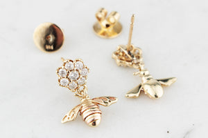 VINTAGE 14ct GOLD DIAMOND CLUSTER & BEE EARRINGS