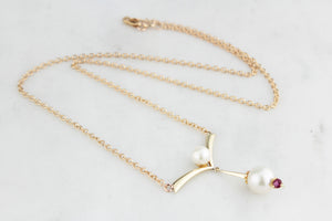VINTAGE c1940 PEARL & RUBY NECKLACE 14ct GOLD