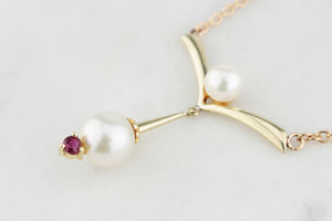 VINTAGE c1940 PEARL & RUBY NECKLACE 14ct GOLD