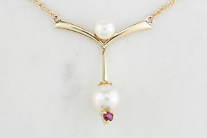 VINTAGE c1940 PEARL & RUBY NECKLACE 14ct GOLD