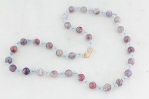 BESPOKE PLUM TOURMALINE & AQUAMARINE NECKLACE WITH 9ct GOLD CLASP