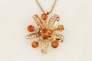 ANTIQUE AUSTRALIAN VICTORIAN c1855 CITRINE & SEED PEARL PENDANT 9ct ROSE GOLD
