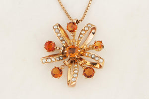 ANTIQUE AUSTRALIAN VICTORIAN c1855 CITRINE & SEED PEARL PENDANT 9ct ROSE GOLD