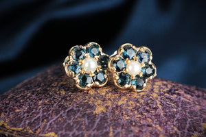 RETRO SAPPHIRE & PEARL FLORAL STUDS 9ct GOLD