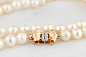VINTAGE PEARL SINGLE STRAND NECKLACE WITH DIAMOND CLASP 14ct GOLD