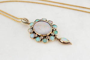VINTAGE SOLID OPAL & DIAMOND PENDANT 9ct GOLD