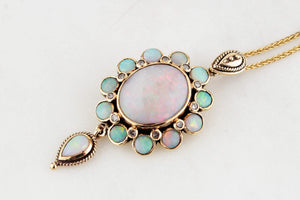 VINTAGE SOLID OPAL & DIAMOND PENDANT 9ct GOLD