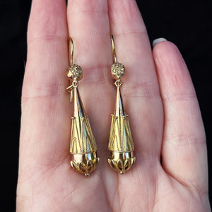 ANTIQUE VICTORIAN c1880 ETRUSCAN REVIVAL DROP EARRINGS 9ct GOLD