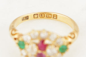 ANTIQUE LATE VICTORIAN 1889 DIAMOND RUBY & EMERALD RING 18ct GOLD