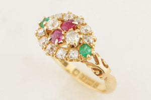 ANTIQUE LATE VICTORIAN 1889 DIAMOND RUBY & EMERALD RING 18ct GOLD