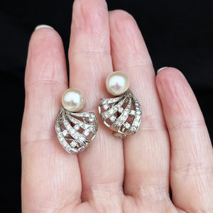 VINTAGE 1940s PEARL & 1.14ct DIAMOND EARRINGS 14ct GOLD