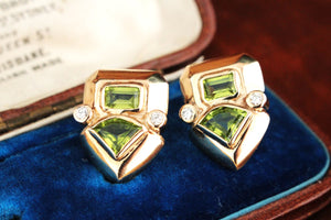 RETRO STATEMENT PERIDOT & DIAMOND EARRINGS 9ct GOLD