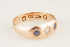ANTIQUE EDWARDIAN c1900 SAPPHIRE & DIAMOND RING 9ct ROSE GOLD