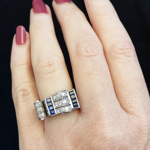 VINTAGE 1940’s SAPPHIRE & DIAMOND TANK RING PLATINUM