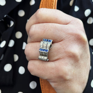 VINTAGE 1940’s SAPPHIRE & DIAMOND TANK RING PLATINUM