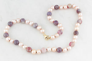 BESPOKE BLUSH PEARL & PLUM TOURMALINE NECKLACE 9ct GOLD