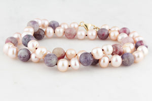 BESPOKE BLUSH PEARL & PLUM TOURMALINE NECKLACE 9ct GOLD