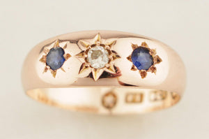 ANTIQUE EDWARDIAN c1900 SAPPHIRE & DIAMOND RING 9ct ROSE GOLD