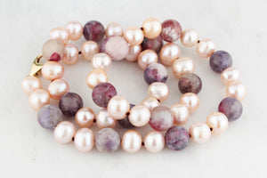 BESPOKE BLUSH PEARL & PLUM TOURMALINE NECKLACE 9ct GOLD