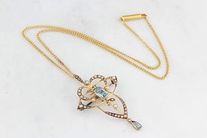 ANTIQUE EDWARDIAN 1912 AQUAMARINE & SEED PEARL PENDANT 15ct GOLD