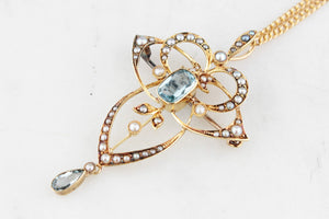 ANTIQUE EDWARDIAN 1912 AQUAMARINE & SEED PEARL PENDANT 15ct GOLD
