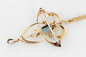 ANTIQUE EDWARDIAN 1912 AQUAMARINE & SEED PEARL PENDANT 15ct GOLD