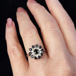 RETRO SAPPHIRE & DIAMOND CLUSTER RING 18ct WHITE GOLD