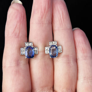 ART DECO 4ct CEYLON SAPPHIRE & DIAMOND EARRINGS 18ct GOLD