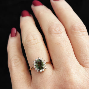 VINTAGE 1.1ct GREEN SAPPHIRE & DIAMOND CLUSTER RING 14ct GOLD