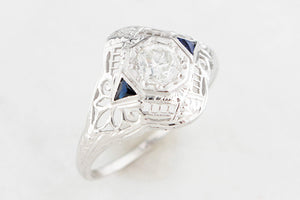 ANTIQUE 1920s .65ct DIAMOND & SAPPHIRE RING 18ct WHITE GOLD
