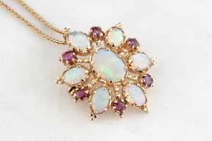 VINTAGE OPAL & RUBY STARBURST PENDANT/BROOCH 9ct GOLD