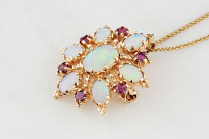 VINTAGE OPAL & RUBY STARBURST PENDANT/BROOCH 9ct GOLD