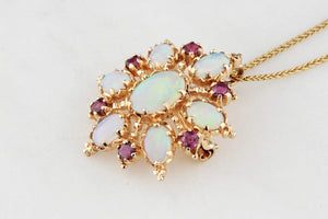 VINTAGE OPAL & RUBY STARBURST PENDANT/BROOCH 9ct GOLD