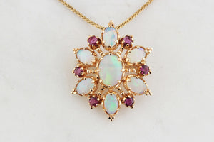 VINTAGE OPAL & RUBY STARBURST PENDANT/BROOCH 9ct GOLD